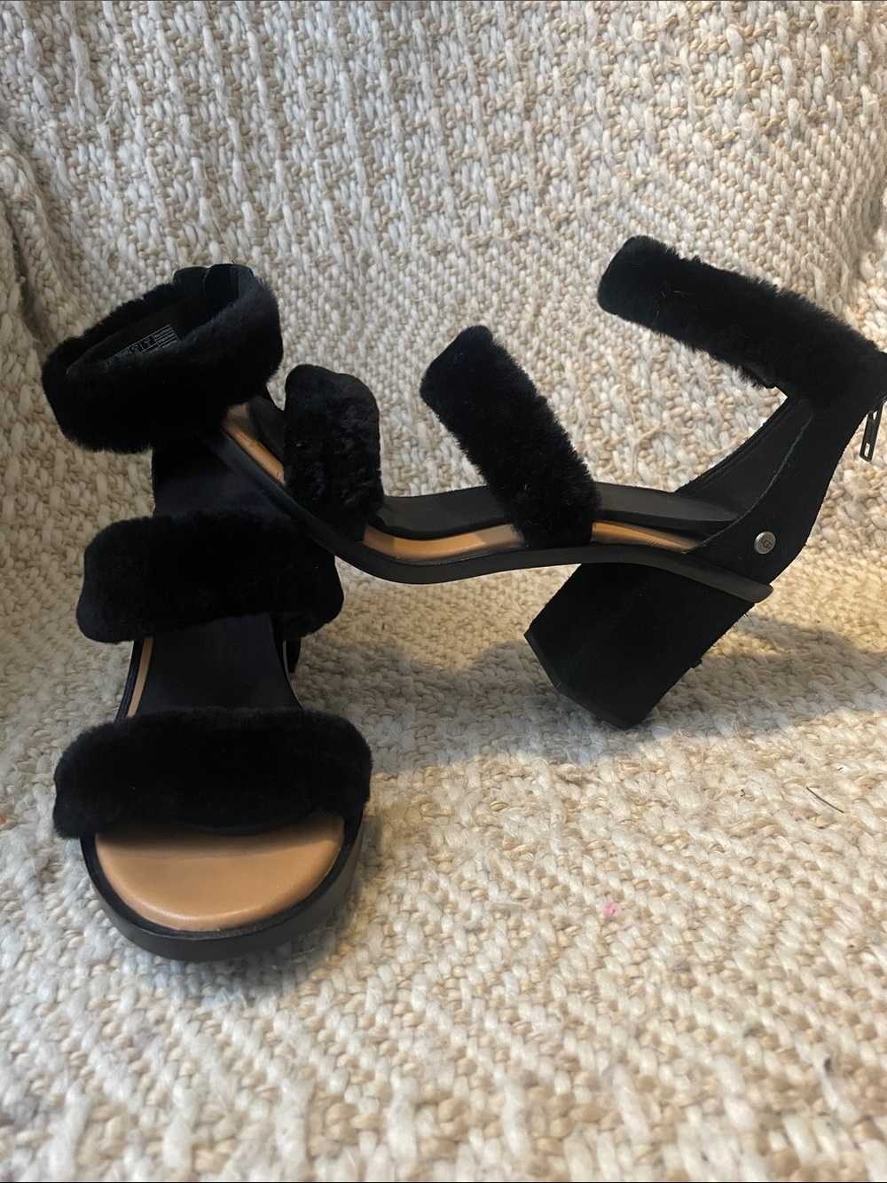 UGG Black Faux-Fur Strap Block Heel Sandals - Picture 1 of 4
